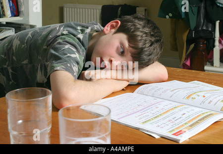 Ein acht Jahre alter Junge seine Mathe Hausaufgaben zu Hause, Februar 2006. Stockfoto