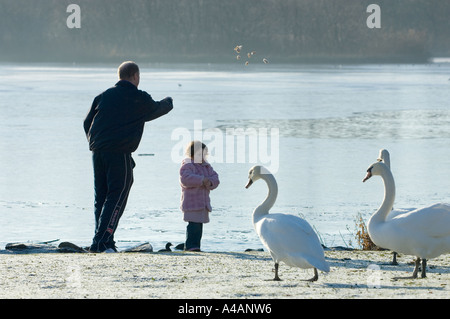 Eine Vater und junge Tochter füttere Vögel an einem Wintertag in Duddingston Loch, Edinburgh. Stockfoto