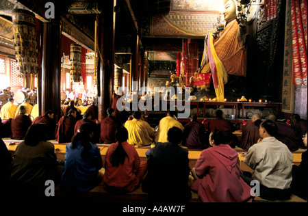 Peking 1997: Buddhisten beten vor der riesigen Buddha im Lama Tempel Stockfoto