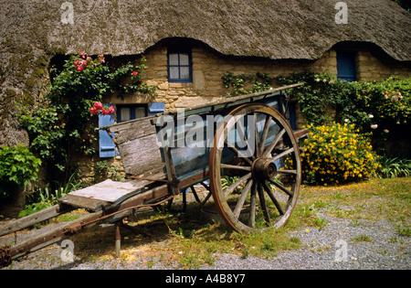 Heuwagen und Reetdachhaus Kerhinet Brittany France Stockfoto