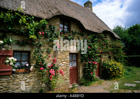 Blumen und Reetdachhaus Kerhinet Brittany France Stockfoto