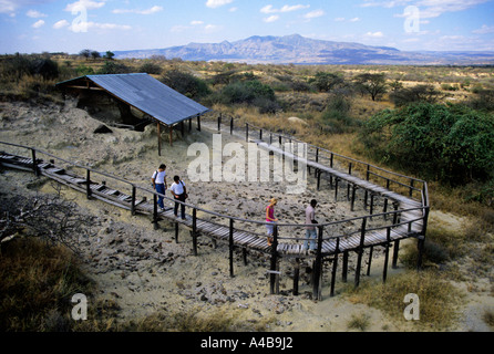 Touristen auf einem Holzsteg an der Hominiden Stelle des Olorgasailie in das Rift Valley Kenia Afrika Stockfoto