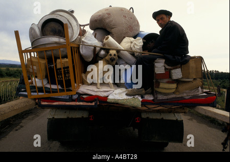 OCHAMCHIRE zu Zugdidi, Georgien, 30. September 1993: ein georgischer und seinem Hund sitzen auf der Rückseite des Staplers mit Besitzungen geladen. Zehntausende Georgier Ochamchire und Gali sind fliehen, bevor der Abchasische Kräfte. Stockfoto