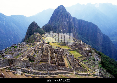 Machu Picchu, Peru. Übersicht des Standortes Hauptort. Stockfoto