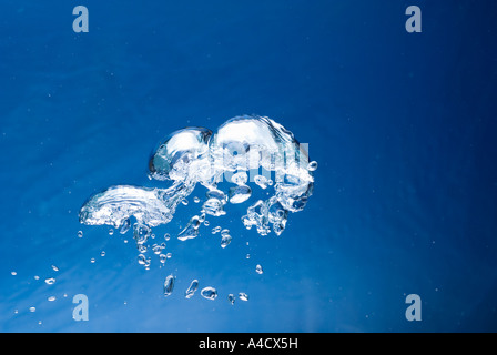 eine große helle Luftblase und viele der kleinen vor blauem Hintergrund steigen zur Wasseroberfläche Stockfoto