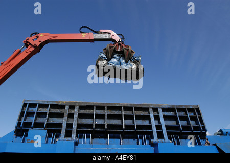 Eine zerdrückte Auto wird von einem Kran auf einem Schrottplatz, zerquetscht zu werden aufgehoben. Stockfoto