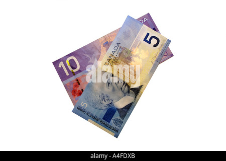 05:10 und 20 Dollar kanadische Banknoten Stockfoto