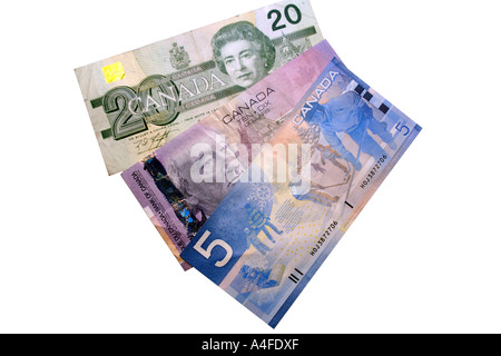 05:10 und 20 Dollar kanadische Banknoten Stockfoto