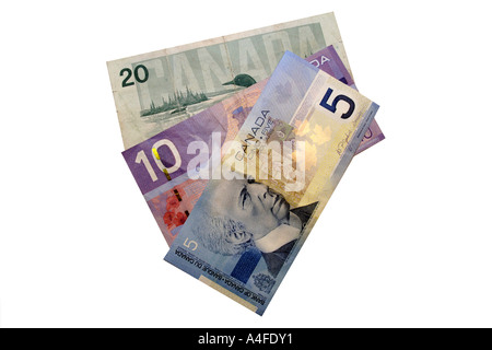 05:10 und 20 Dollar kanadische Banknoten Stockfoto