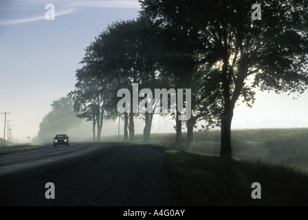 Misty Morning am südwestlichen Ontario Highway mit Autoscheinwerfer Stockfoto