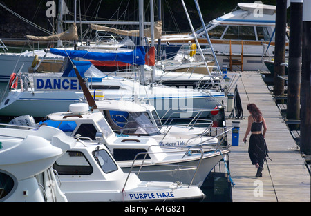 Sportboote vor Anker in Neyland Marina Pembrokeshire West Wales UK junge Frau zu Fuß auf Steg Stockfoto