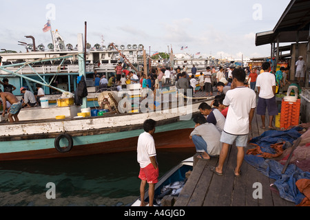 Malaysia Borneo Sabah Semporna Hafen entladen Angelboote/Fischerboote am Kai Stockfoto