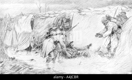 Die französischen Soldaten sehen die lustige Seite der Fallen im Schlamm, der Erste Weltkrieg, 1916, (1926). Artist: Unbekannt Stockfoto