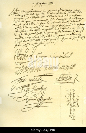Entschließung des Rates vom Krieg der Englischen Kommandanten, 1. August 1588. Künstler: Sir Francis Drake Stockfoto