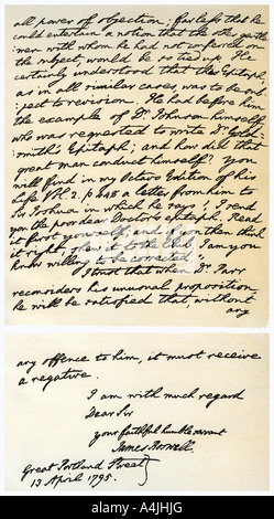 Brief von James Boswell zu Edmond Malone, 13. April 1795. Künstler: James Boswell Stockfoto