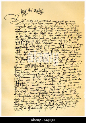 Brief von Lady Jane Grey zu William Parr, 10. Juli 1553 Künstler: Lady Jane Grey Stockfoto