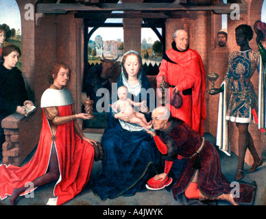 'Anbetung der Heiligen Drei Könige, Triptychon', zentralen Bedienfeld, c 1453-1494. Artist: Hans Memling Stockfoto