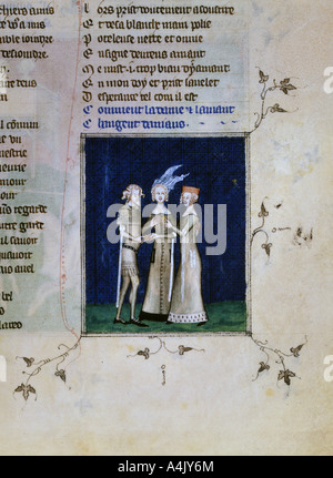 Ein Ritter und eine Dame den Austausch von Ringen, c 1350. Artist: Unbekannt Stockfoto