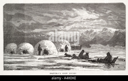 Eskimo Inuit Iglu Kuppel Haus Schlitten husky Hund Fell Kleidung Eis Fluss Schwimmer temporäre Reise migrieren arktische polare Bucht Stockfoto