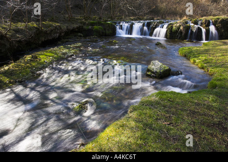 Wasserfall auf dem Fluß Lathkill in Lathkill Dale im Peak District in Derbyshire Stockfoto