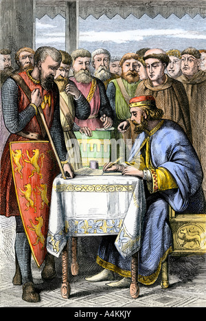 König Johann von englischen Baronen gezwungen, die Magna Carta 1215 zu billigen. Hand - farbige Holzschnitt Stockfoto