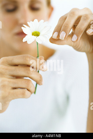 Frau zupfen Blütenblätter von Blumen mit Augen geschlossen Stockfoto