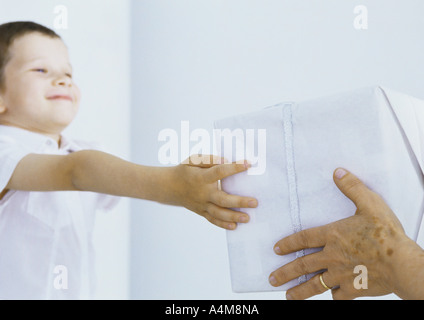 Junge Paket zu erreichen Stockfoto