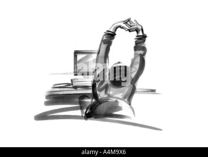 Person stretching am Schreibtisch Stockfoto