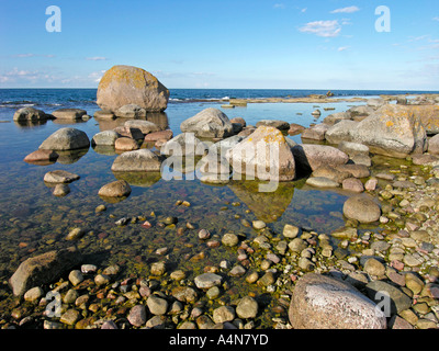 erratischen Blöcken Steinen große Granit an der Küste des nördlichen Nordpunkt der Insel Olands Norra Udden Öland Schweden Stockfoto