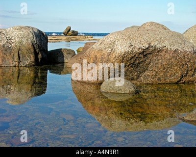 erratischen Blöcken Steinen große Granit an der Küste des nördlichen Nordpunkt der Insel Olands Norra Udden Öland Schweden Stockfoto