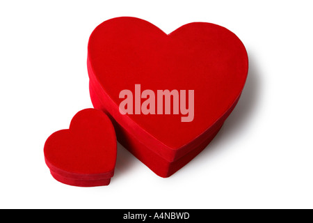 Zwei herzförmige rote Valentinstag Geschenk-Boxen. Stockfoto