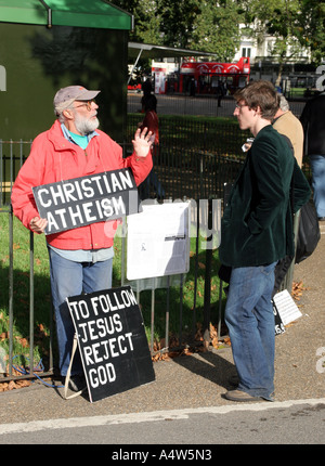 Christlichen Atheismus in der Speakers Corner im Hyde Park, London Stockfoto