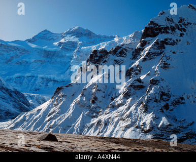 Der Gipfel des Kangchendzönga vom Basislager auf Pang Pema Nepal Himalaya Stockfoto