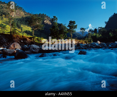 Dawn entlang des Modi Khola Flusses mit Machapuchare Fishtail hinter Annapurna Region Nepal Himalaya Stockfoto