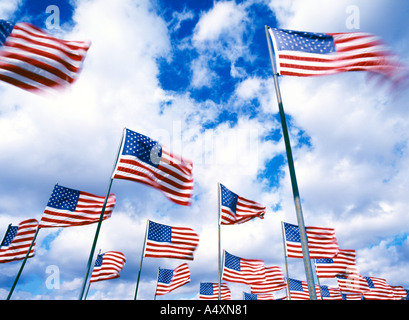 Gruppe von amerikanischen Flaggen auf Fahnenmasten wehen im Wind, Sharon, Pennsylvania, USA Stockfoto