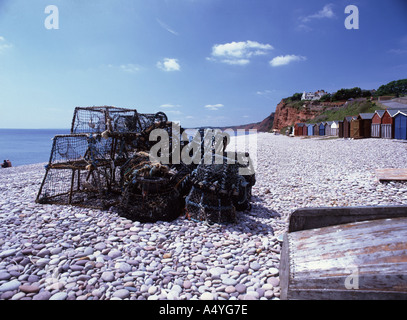 Hummer-Töpfe am Strand von Budleigh Salterton Devon Stockfoto