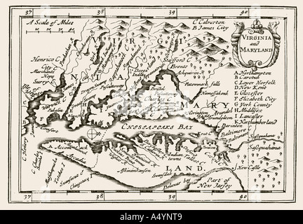 Antike Karte Virginia und Maryland von Petrus Kaerius 1646 von John Speed Aussicht auf die meisten berühmten Teile der Welt 1675 JMH0980 Stockfoto