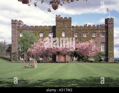 Scone Palace Kategorie A denkmalgeschütztes historisches Haus rote Sandsteinfassade Frühlingsblüte Grasrasengärten in Perth und Kinross Schottland Großbritannien Stockfoto