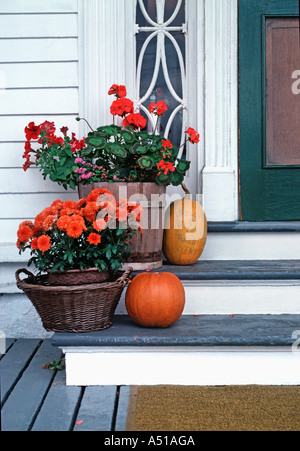 Kürbisse und Blumen auf Herbst Veranda Stockfoto