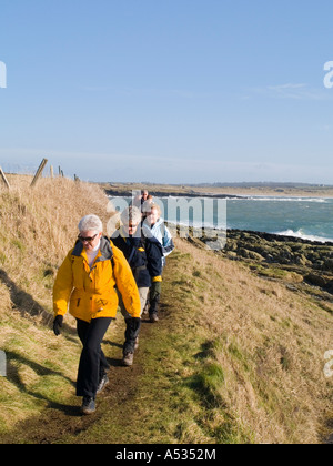 Ynys Mon Ramblers Association Wanderer auf Isle of Anglesey Coastal Path im Winter runden Teil des St. Cwyfan Fuß. Anglesey Wales Stockfoto