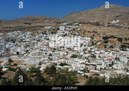 Ein Blick über die Stadt Lindos auf der griechischen Insel Rhodos Stockfoto