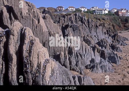 Felsvorsprung am Sandstrand nördlich von Woolacombe Beach, North Devon.  XPL 4787-449 Stockfoto