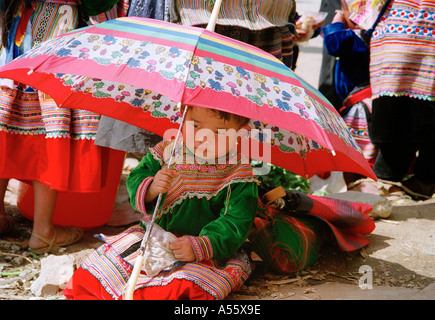 Ein Hmong Kind Unterstände von der Sonne unter einem Regenschirm in Nordvietnam BacHa Stockfoto