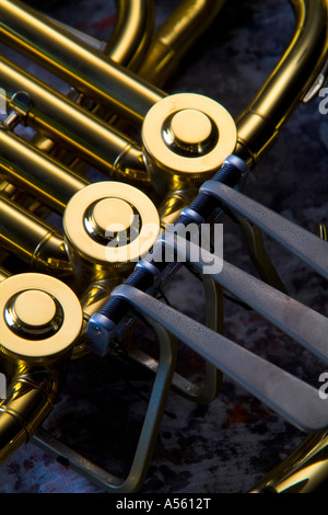 Nahaufnahme von Waldhorn-Ventile auf fleckige Hintergrund Stockfoto