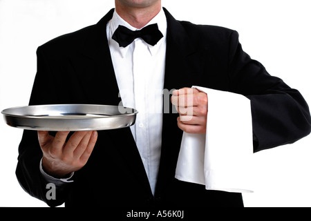 Bartender with empty tray, mid section, close-up Stockfoto