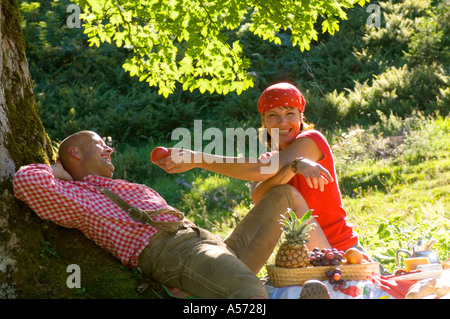 Paar beim Picknick unter Baum Stockfoto