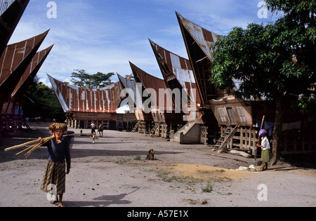 Siallagan Dorf in Ambarita, Long House, traditionelle Batak Dachhäuser, 19-20th Jahrhundert. Toba Batak, Toba-See, Sumatra, Indonesien) Stockfoto