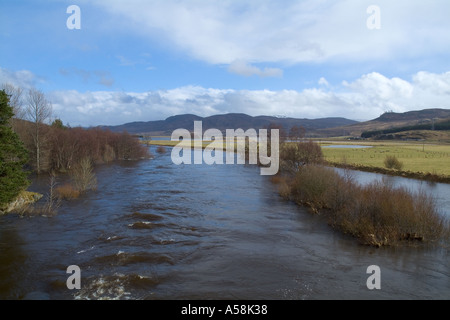 dh LAGGAN INVERNESSSHIRE River Spey überquellende Banken überschwemmten Feldern Flut Feld Flut Stockfoto