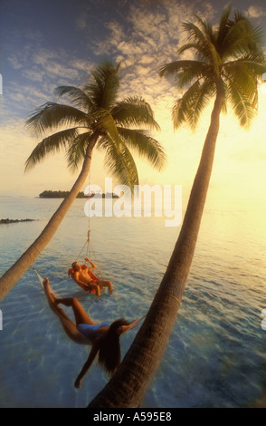 Paar, hängen unter separaten Palmen bei Sonnenuntergang auf Meeru Island auf den Malediven Stockfoto