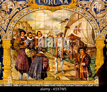 König Don Carlos I Embarca En La Coruna - Columbus Plaza de Espana Sevilla Spanien España Stockfoto